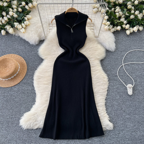 Collar zipper sleeveless dress, mid length over knee knit skirt