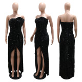 Strapless irregular dress with trailing long skirt