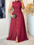 Sleeveless button cinched A-line long skirt