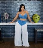 Strap V-neck vest pleated denim chiffon pants set