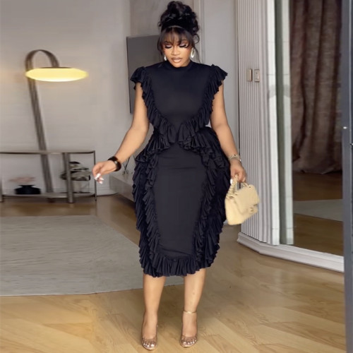 Lotus leaf edge waist bag hip dress