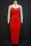 Strap waist cinched ruffle edge wrapped hip dress