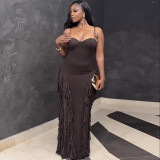 Strap waist cinched ruffle edge wrapped hip dress