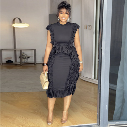 Lotus leaf edge waist bag hip dress