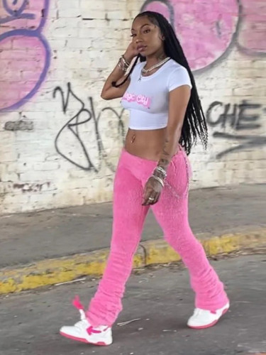 Plush stacked waist chain, hip hugging, tight flared pants