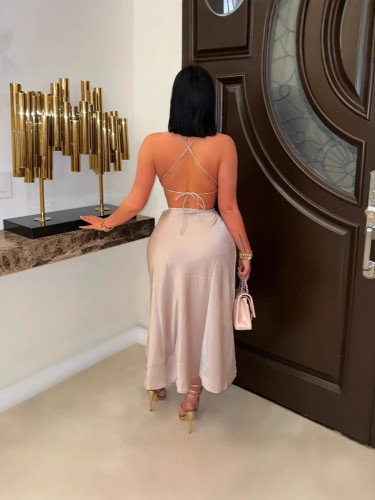 Two piece set of lace up collar, suspender, high slit skirt