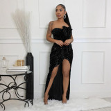Strapless irregular dress with trailing long skirt