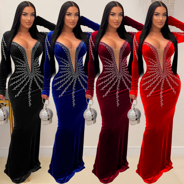Hot pressed long sleeved long skirt dress