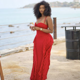 Strap waist cinched ruffle edge wrapped hip dress