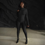 High collar long sleeved jumpsuit, high waist waist bag, foot pants set