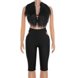 Hanging neck, fur collar, exposed back, lace up, hollowed out waist, cropped pants set