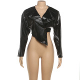 Waist and navel exposed PU leather jacket