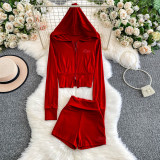 Zipper Embroidered Hoodie Coat Hip Lifting Shorts Two Piece Set