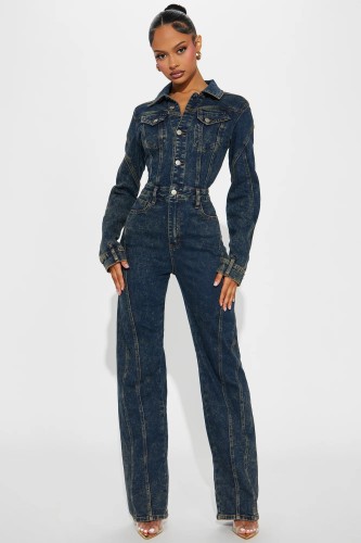 Loose elastic stir fried flower washed long sleeved patchwork denim jumpsuit