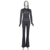 Polka dot letter printed crop top hooded and long pants set