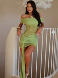 Elastic pleated mesh splicing hollowed out one neck strapless dress