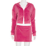 Suede hooded long sleeved zipper cardigan, hip hugging high waisted half skirt set