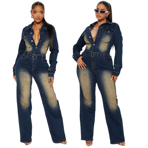 Slim fit elastic bell mouth wash long sleeved denim jumpsuit