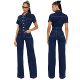 Loose elastic bell mouth wash short sleeved denim jumpsuit jumpsuit wide leg pants