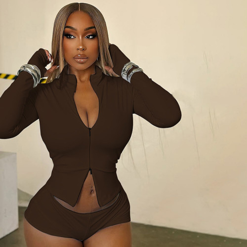 Stand up collar zipper cover refers to a high waisted double-layer short knee pad three piece set for tops