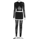 Cross pleated double lined collar see through mesh low waist hip skirt knee pad three piece set