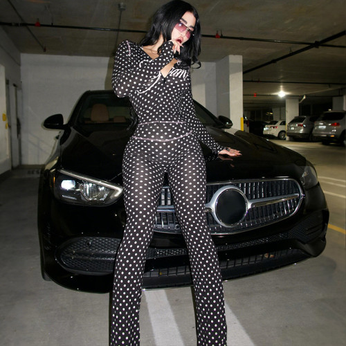 Polka dot letter printed crop top hooded and long pants set