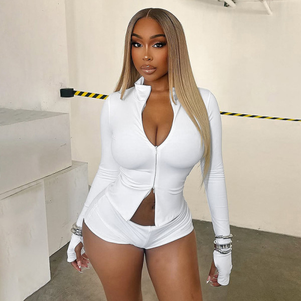 Stand up collar zipper cover refers to a high waisted double-layer short knee pad three piece set for tops