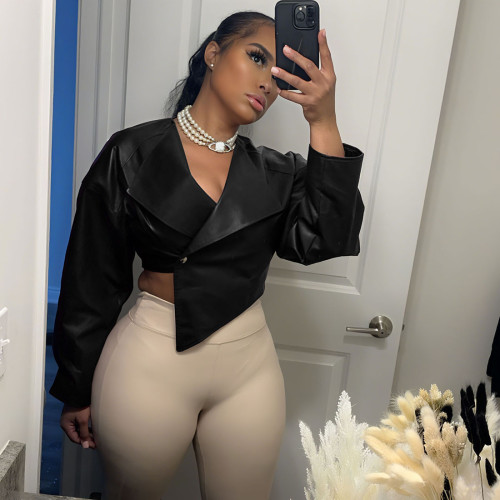 Waist and navel exposed PU leather jacket