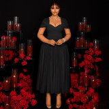 Large size long strapless collar waist cinching dress