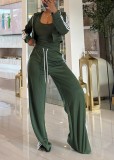 Ribbon wide leg pants+slim fit jacket sports suit