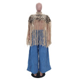 Leopard print fringe knit top