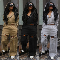 Hooded Zipper Sweatshirt with Pockets and Wide-Leg Pants Two-Piece Set