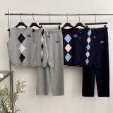 Knitted diamond grid vest long sleeved jacket wide leg pants three piece set