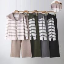 Navy collar striped top, high waist wide leg pants knit suit