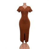 Gold metal buckle slit solid color long skirt round neck short sleeved hip hugging dress