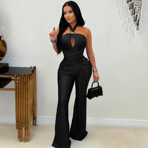 Hanging neck wide leg wrapped arm jumpsuit