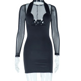 Long-sleeved maxi dress with detachable neck netting