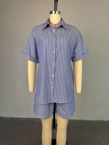 Blue and white striped loose shirt high waist wide leg shorts set
