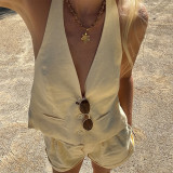 V-neck hanging neck sleeveless vest shorts set
