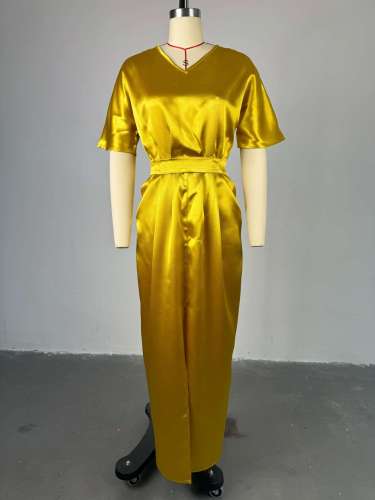 V-neck short sleeved high waisted one step slit dress long skirt