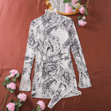 High neck long sleeved tie dye mesh yarn side high slit dress thong two-piece set
