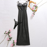Strap tight long dress set with heart-shaped polka dot lace dress