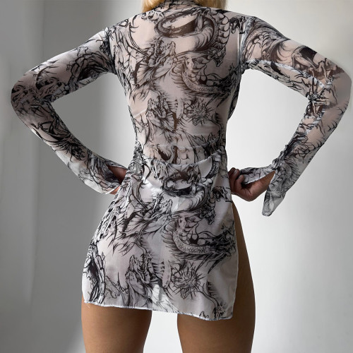 High neck long sleeved tie dye mesh yarn side high slit dress thong two-piece set