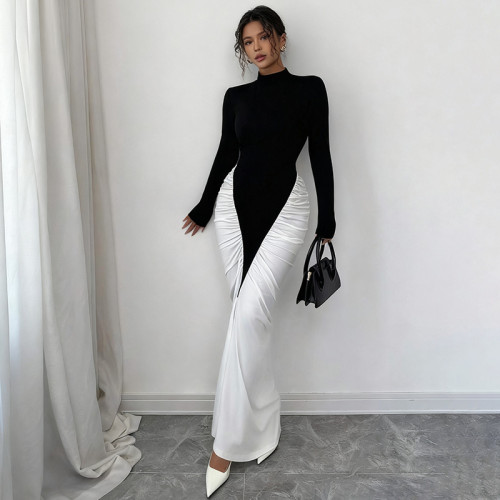 Color blocked semi high neck hip hugging dress