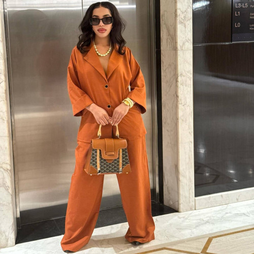 Double-breasted single-button shirt with a loose collar paired with high-waisted straight-leg pants (two-piece set)