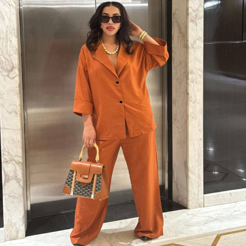 Double-breasted single-button shirt with a loose collar paired with high-waisted straight-leg pants (two-piece set)