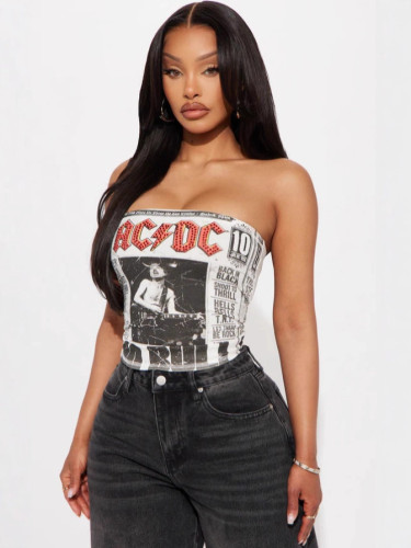 Letter printed cropped short strapless top with exposed navel