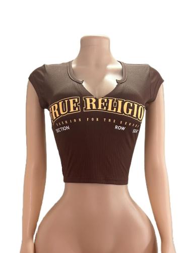 Short letter exposed navel T-shirt top