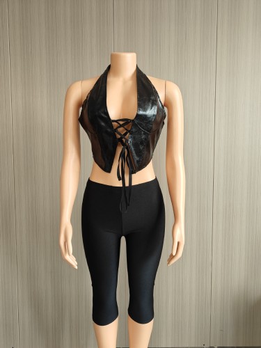 PU strap top half pants two-piece set