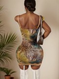 Lace camisole printed backless flower wrapped hip dress